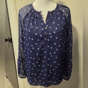 LOFT Navy Floral Sheer Sleeve Blouse